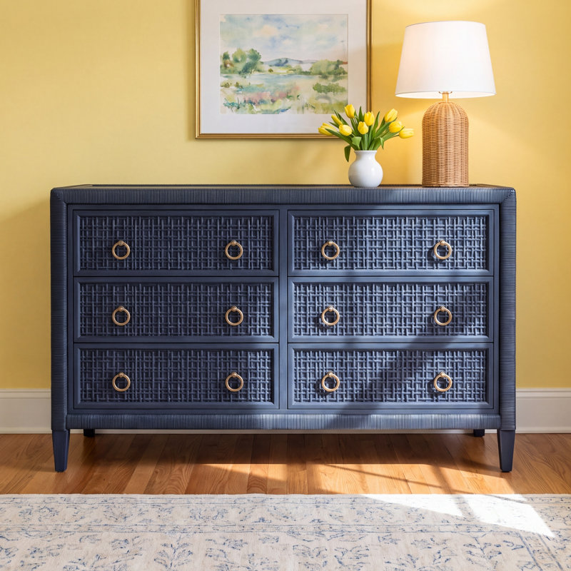 Monterey 6 Drawer Wicker Dresser, Navy, Yes, Brass