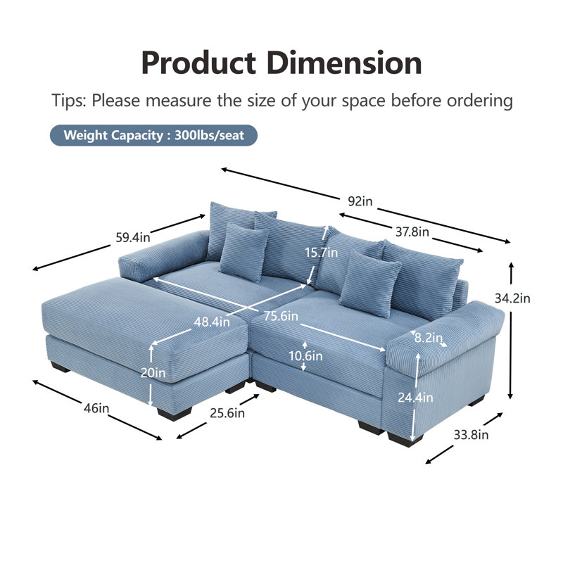 Canapé modulaire surdimensionné en L 82,6 po avec repose-pieds en velours côtelé et canapé bleu, Velours côtelé bleu