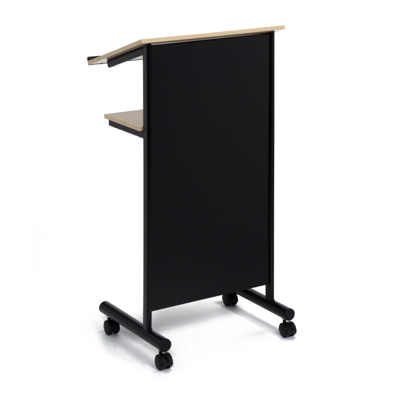Beech and Black Metal Standing Desk with Wheels and Shelves