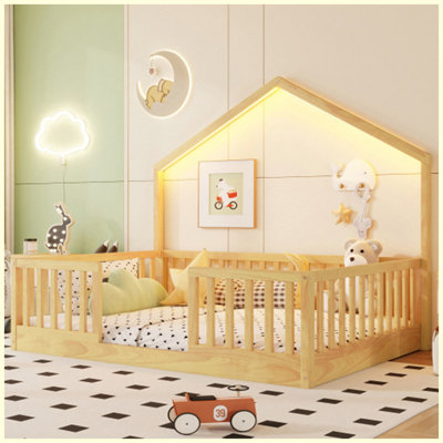 Full Size Natural Wooden Montessori Kids Floor Bed with High Rails  LED Light