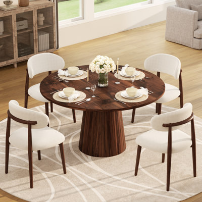 Ensemble de salle à manger de style Mid-Century pour 4-6 personnes, table à piédestal ronde en MDF et chaises en métal revêtues de lin