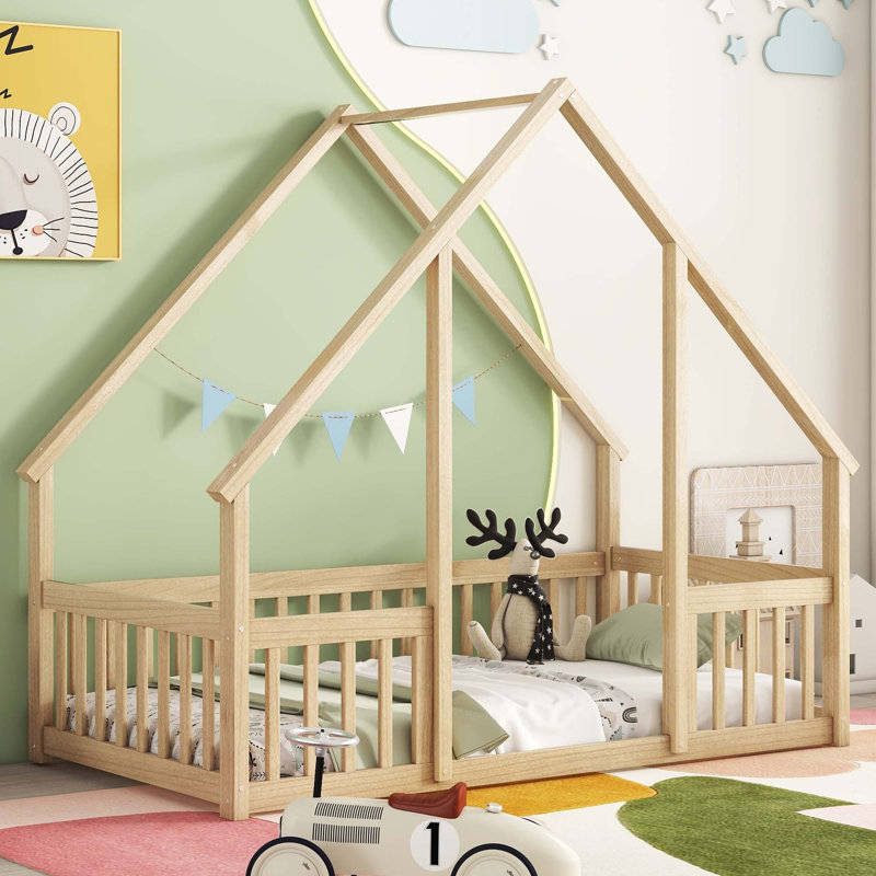 House-Shaped Floor Bed With Fence, Guardrails, Natural, Twin