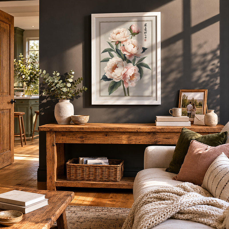 Peonies in Bloom Botanical - Framed Print, A4 - 29.7 x 21.0 cm, White
