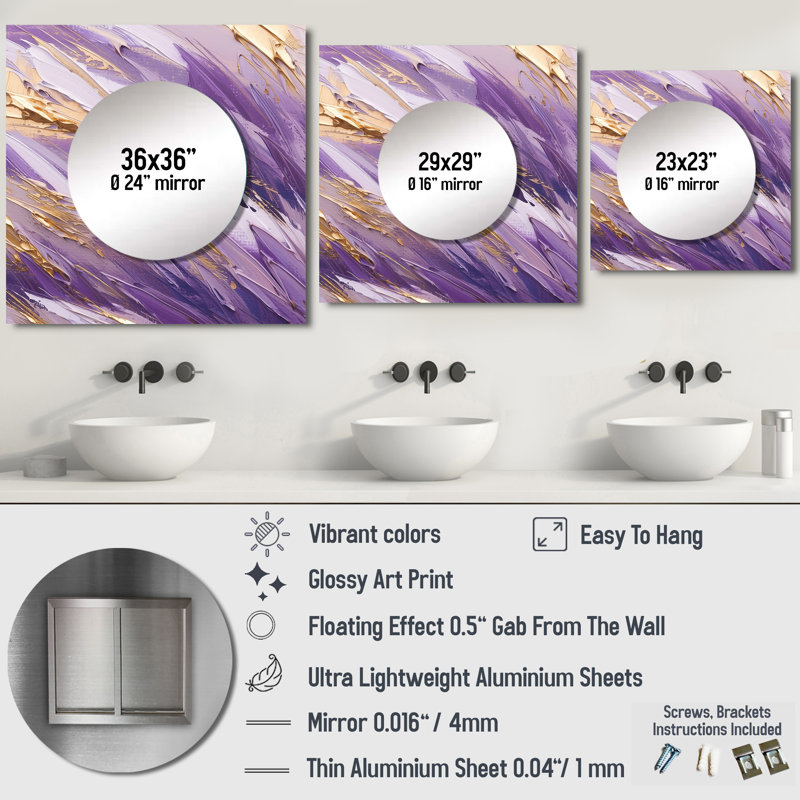 Giray - Abstrait dynamique et mauve II abstrait grand miroir carré carré pour chambre à coucher, 36 po x 36 po