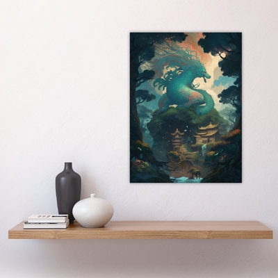 Wall Art Print Japan Dragon over Temples Concept Art Painting Green Mythical Creature Guardian Spirit Lush Forest Landscape Poster