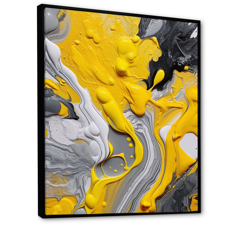 Impression sur toile abstraite jaune et grise cosmique II, H 32 po x l 24 po, Reproduction avec cadre flottant, Noir