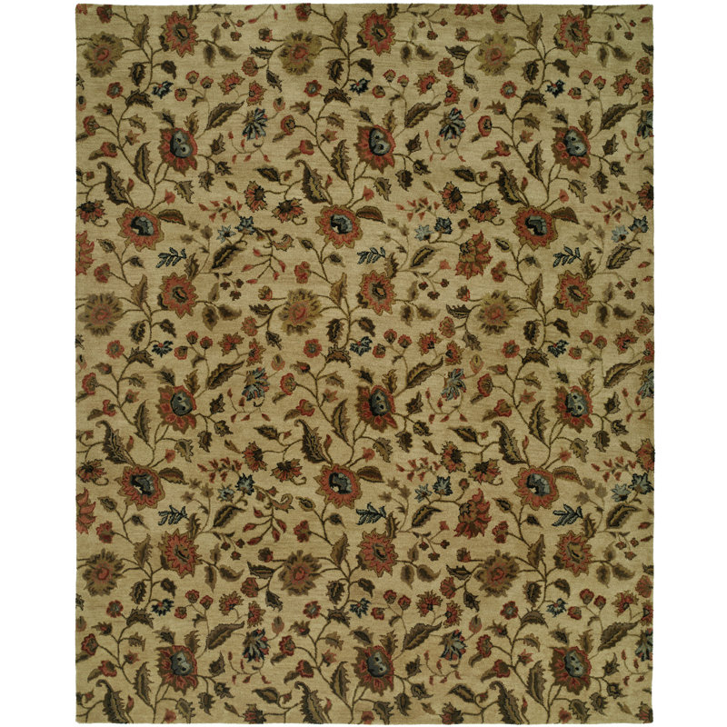 Tapis de zone beige en laine touffeté floral fait main, 5 pi x 8 pi