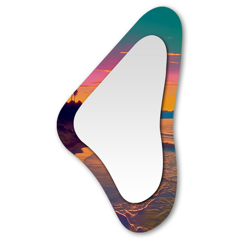 Danna Sunset bord de mer sérénité - grand miroir de forme unique plage, miroir mural décoratif asymétrique rose, impression d'art en métal