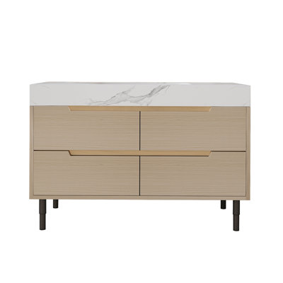 Meuble-lavabo moderne avec lavabo sous comptoir, plateau en pierre frittée, bois massif multi-couches imperméable, rangement à 4 tiroirs, autoportant / mural