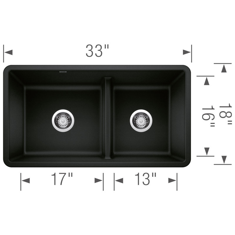 Precis SILGRANIT 33" L x 18" W Double Bowl Undermount Kitchen Sink with Low Divide, Coal Black