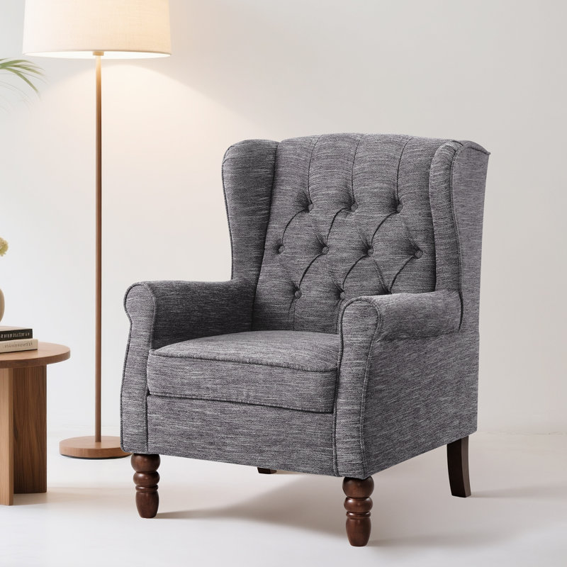 Button-Tufted Wingback Accent Chair - Solid Wood Legs with Rolled Arm &Thick Padded Cushion, Brown Polyester, Brown