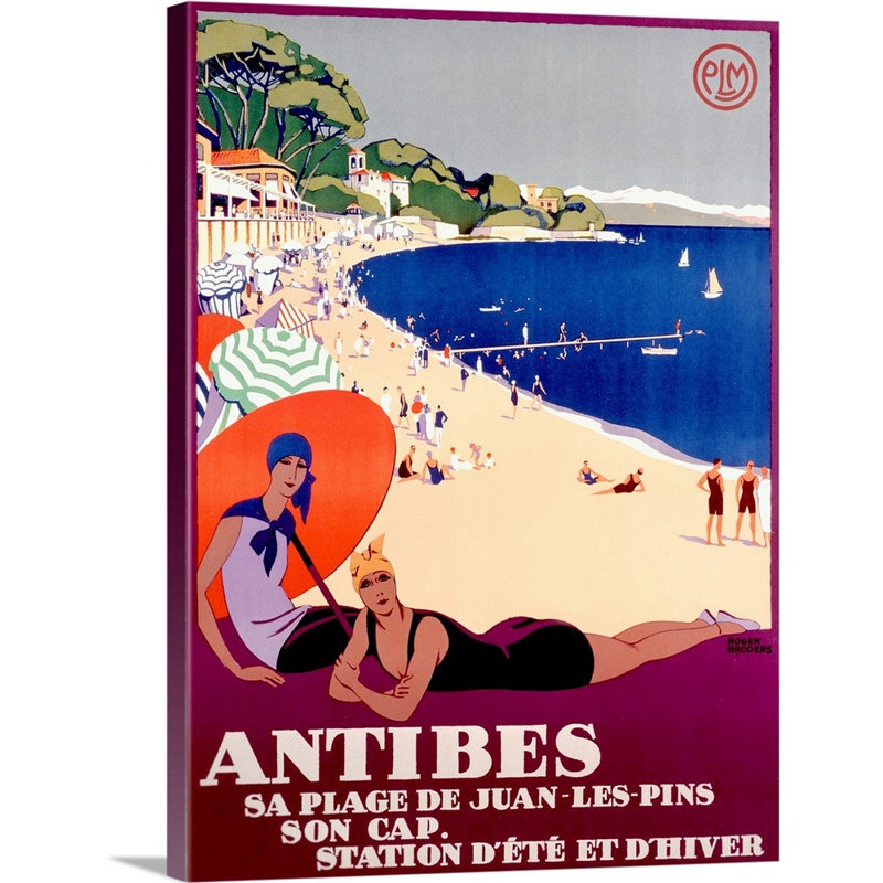 «Antibes, Sa Plage de Juan Les Pins», affiche rétro, par Roger Broders, reproduction d'art sur toile tendue par Roger Broders