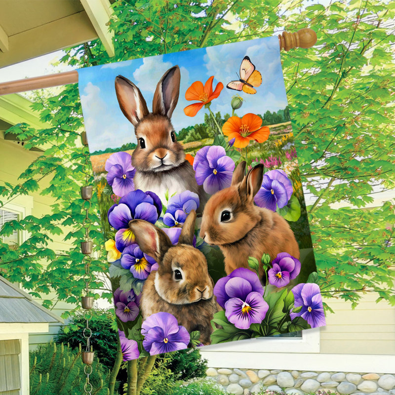 Drapeau de maison Spring Bunny Trio, Lapin brun/violet/orange