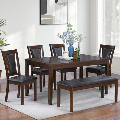 6 Piece Faux Leather Upholstered Dining Set With Bench In Walnut And Black
