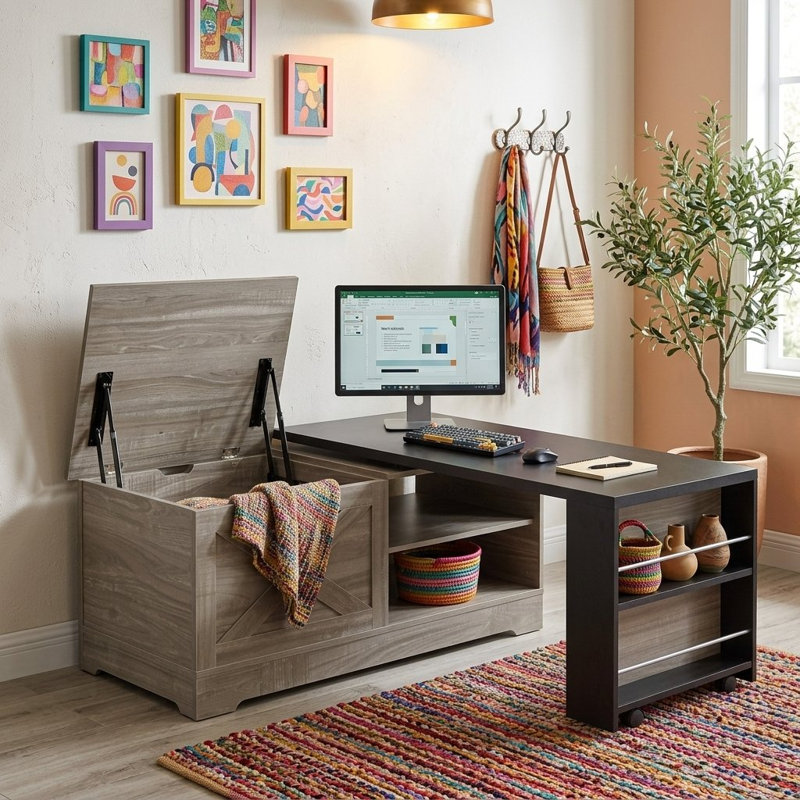 Table basse à plateau relevable Farmhouse avec portes de grange, grand espace de rangement caché, supports latéraux et tablettes ouvertes