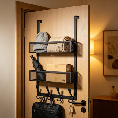 Over The Door Organizer With 12 Heavy-Duty Hooks And 2 Mesh Baskets, Space-Saving Storage Rack For Bathroom, Bedroom, Kitchen, And Office Doors