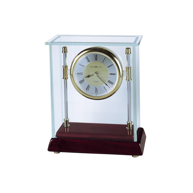 Mid-Century Modern Roman Numeral Acrylic Quartz Movement / Crystal Tabletop Clock in Chrome/Rosewood Hall/Clear