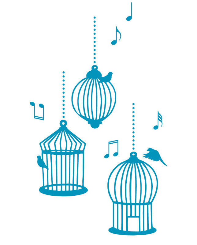 Décalcomanie murale cages d’oiseaux de chanson, H 37 po x l 22 po x P 0,01 po, Bleu sarcelle