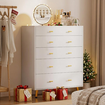 White 5 Drawer Dresser with LED Light & Tempered Glass Top, Tall Chest of Drawers for Bedroom or Closet Island Storage with Jewelry Organizer