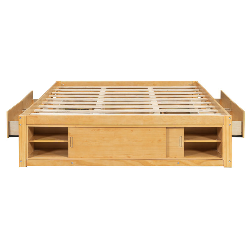 Platform Bed Frame with 4 Storage Drawers and Footboard Storage Cubby, No Headboard, Natural