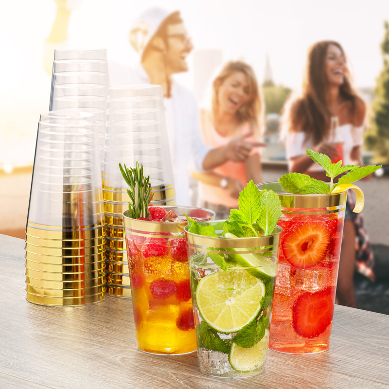12 oz Clear Plastic Cups with Gold Rim, Set of 100