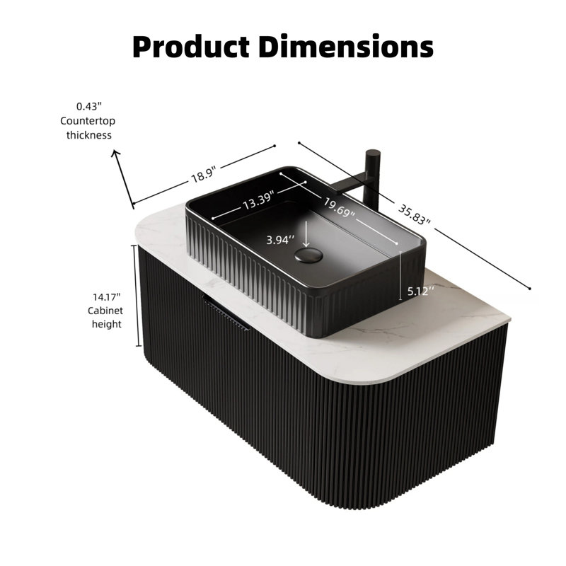 Ensemble de meuble-lavabo 36 po, meuble de rangement flottant pour salle de bain, lavabo rectangulaire en céramique noire avec comptoir en pierre frittée blanc de Carrare, finition noire