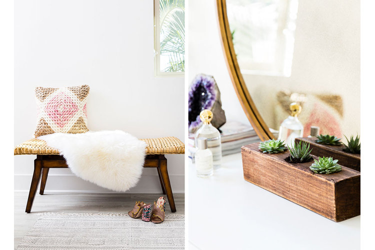 Bedroom details, rattan bench, dresser surface