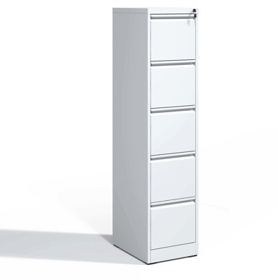 Office/Home 5 Metal File Cabinet, Steel Build, Smooth Operation, Tilt Prevention, Full Extension Drawers, White 5 Drawer Cabinet With Lock, For Office/Home, White, Tilt Security Feature