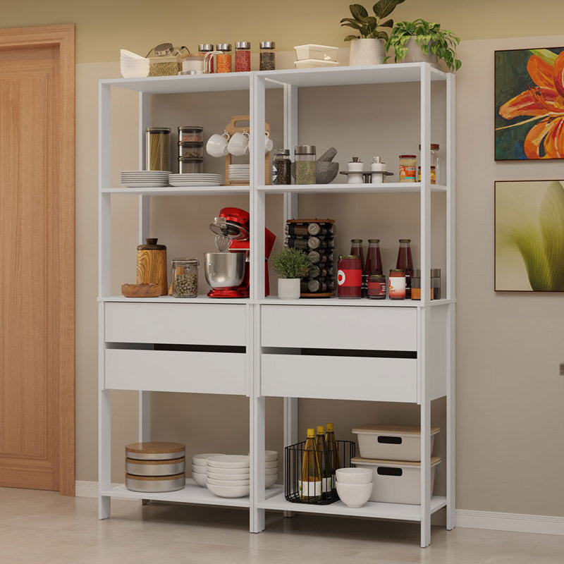  Armoire de rangement pour garde-manger avec 4 tiroirs et tablettes ouvertes L 55 po - blanc, Blanc