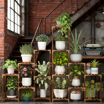 Support à plantes à plusieurs niveaux pour l'intérieur et l'extérieur, grande étagère à plantes avec espace de suspension pour terrasse, balcon, jardin, décoration boho