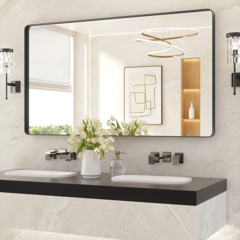Miroir de salle de bain plombier en aluminium incassable et résistant à la rouille , Noir mat, 36 po x 60 po, Rectangulaire