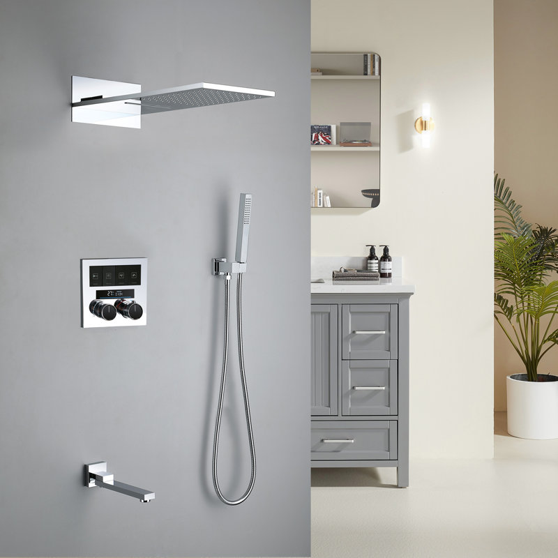 4-Function Digital Display Thermostatic Shower System With Waterfall & Rainfall Showerhead, Hand Shower, And Swivel Tub Spout