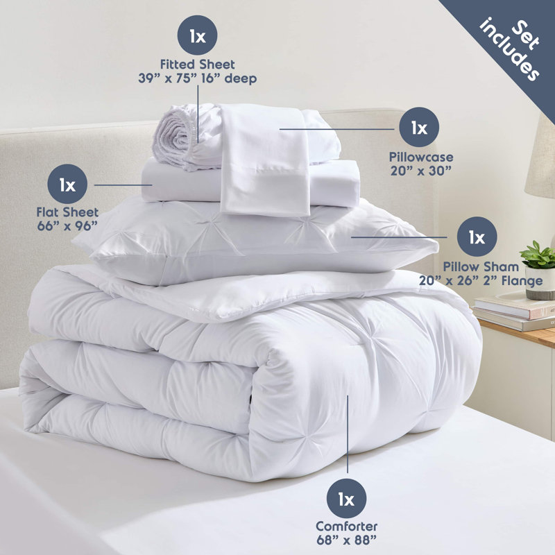 Ensemble d'édredon plissé avec draps Bed-in-a-Bag, Blanc, Édredon simple + 4 pièces supplémentaires