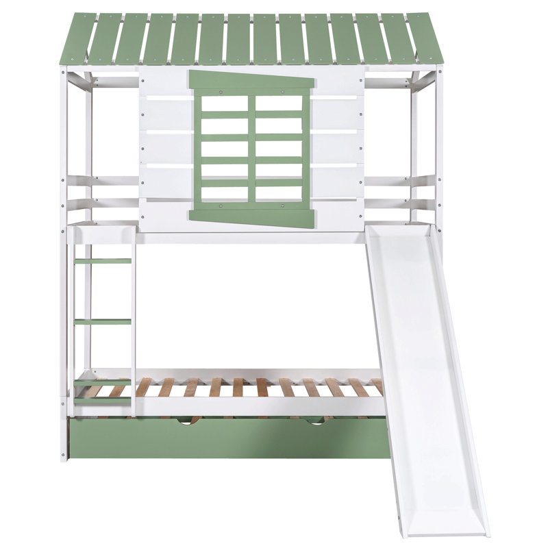 Twin Over Twin Size House Bunk Bed With Convertible Slide And Trundle, White+Green