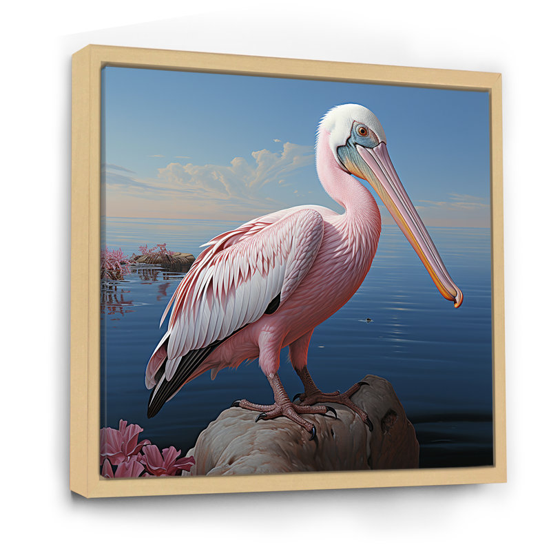 Pélican rose - art mural animaux côtiers, Cadre flottant brun, H 30 po x l 30 po