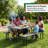 Gray Outdoor Picnic Table Set with Benches, Woodgrain Plastic Patio Dining Table with Sturdy Metal Frame, Weather-Resistant Backyard Picnic Bench Table for Any Outdoor Space, Seats 6