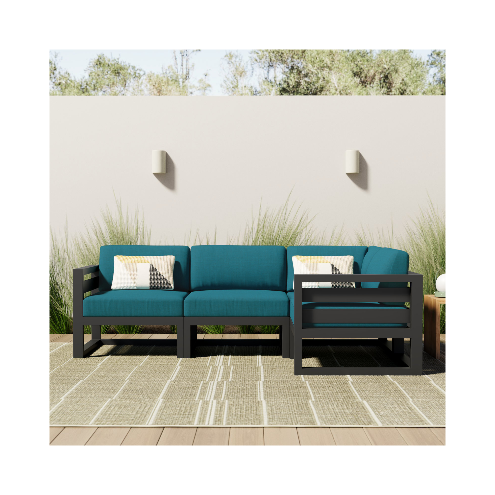 Smith 94" Outdoor Sectional with Sunbrella Cushions, Spectrum Peacock, Slate