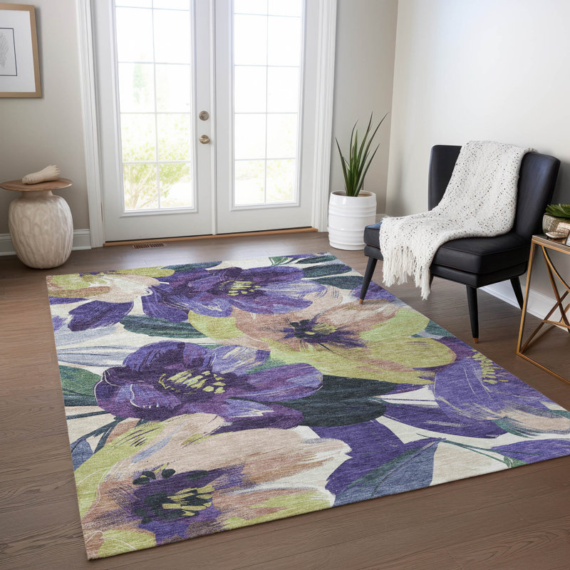 Red and Purple Floral Synthetic 10' x 14' Washable Rug