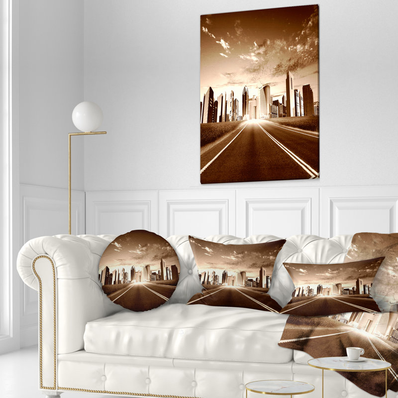 Modern Cityscape Rectangular Brown and Beige Throw Pillow