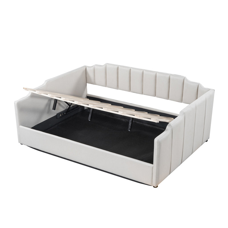 Upholstered Daybed with Underneath Storage, Beige, Full/Double