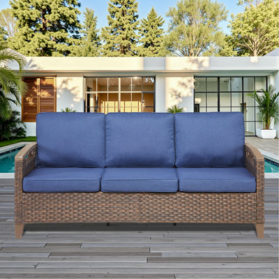 Canapé d'extérieur en osier de 73,6 po de largeur, canapé à assise profonde avec coussins pour la véranda, bleu