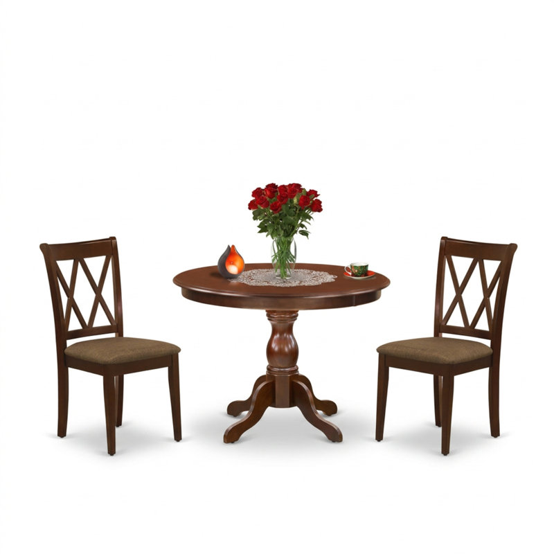 Mahogany Asian Wood Linen Fabric Round 3 Piece Pedestal Double X-back Dining Table Set for Small Spaces