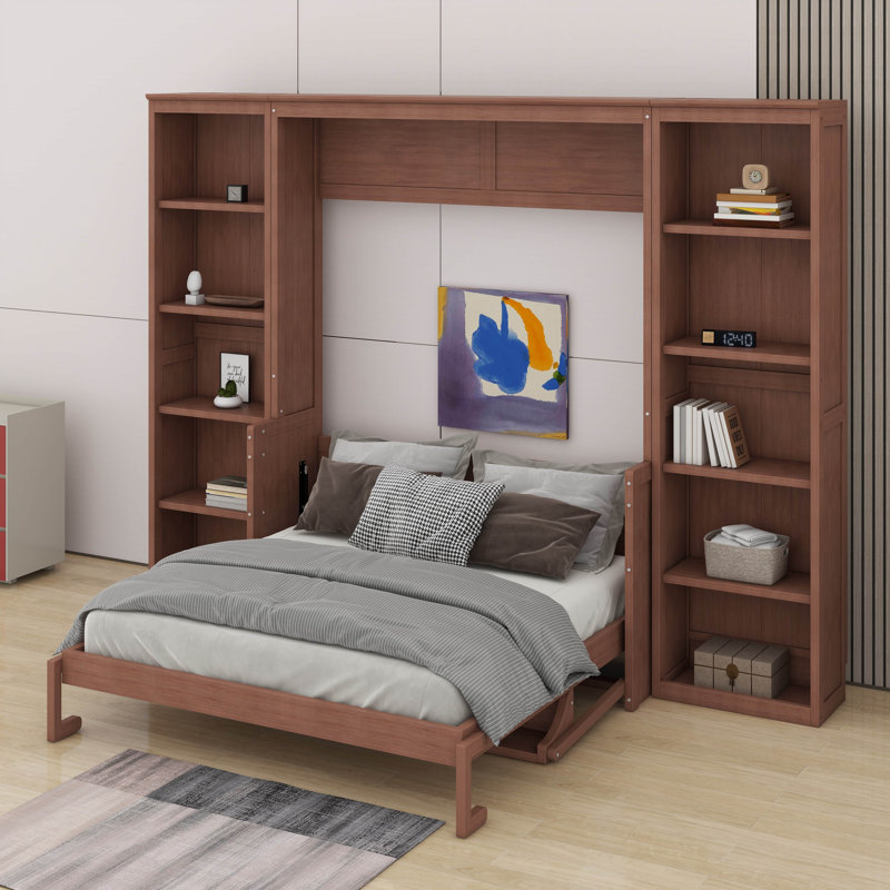 Lit escamotable double avec bureau et bibliothèque, Lit double