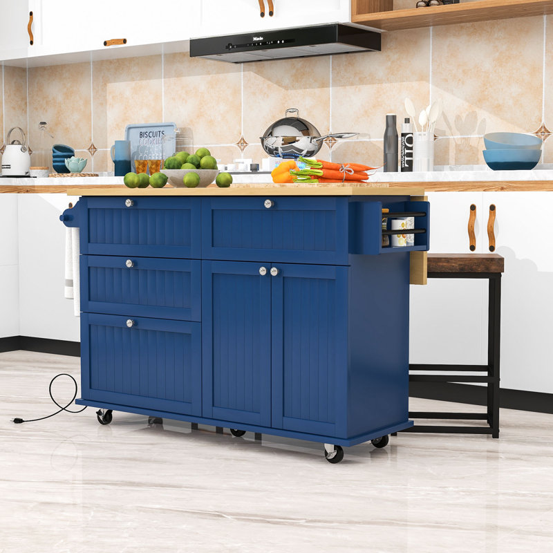 Kitchen Island Set with Drop Leaf, 2 Seating Stools, Storage Drawers and Cabinet, Blue