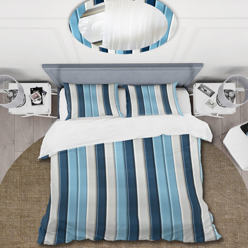 Ensemble de housse de couette élégant à rayures bleues et blanches, Housse de couette simple + 1 taie décorative stan