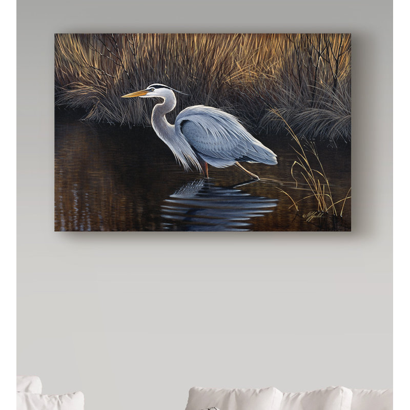 Impression sur toile tendue, "Grand héron bleu" par Berrien, H 22 po x l 32 po x P 2 po