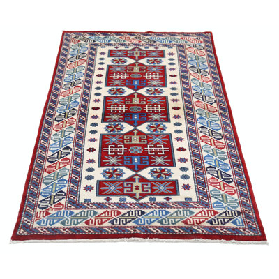 Tapis décoratif en laine noué à la main 3 pi x 5 pi ivoire, rouge, bleu clair et bleu marine