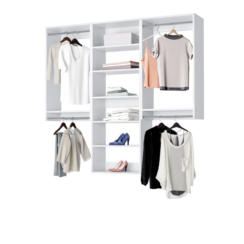 White Modular Closet System with Shelves and Hanging Rods