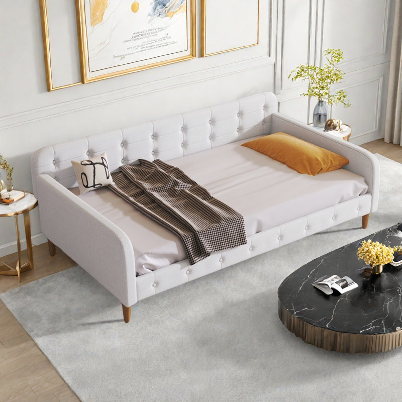 Lit de jour moderne rembourré avec 4 pieds de soutien et capitonnage à boutons, Beige, Simple