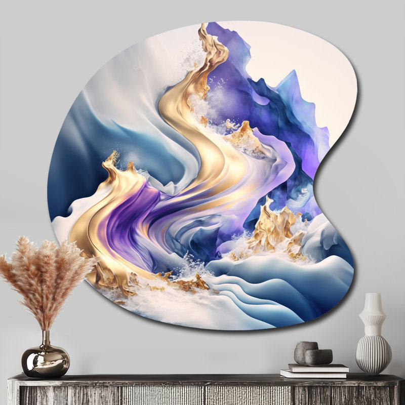 «Blue and Gold Splash Paint III - Abstract Spirals», art mural asymétrique en métal, impression d'art moderne en forme libre